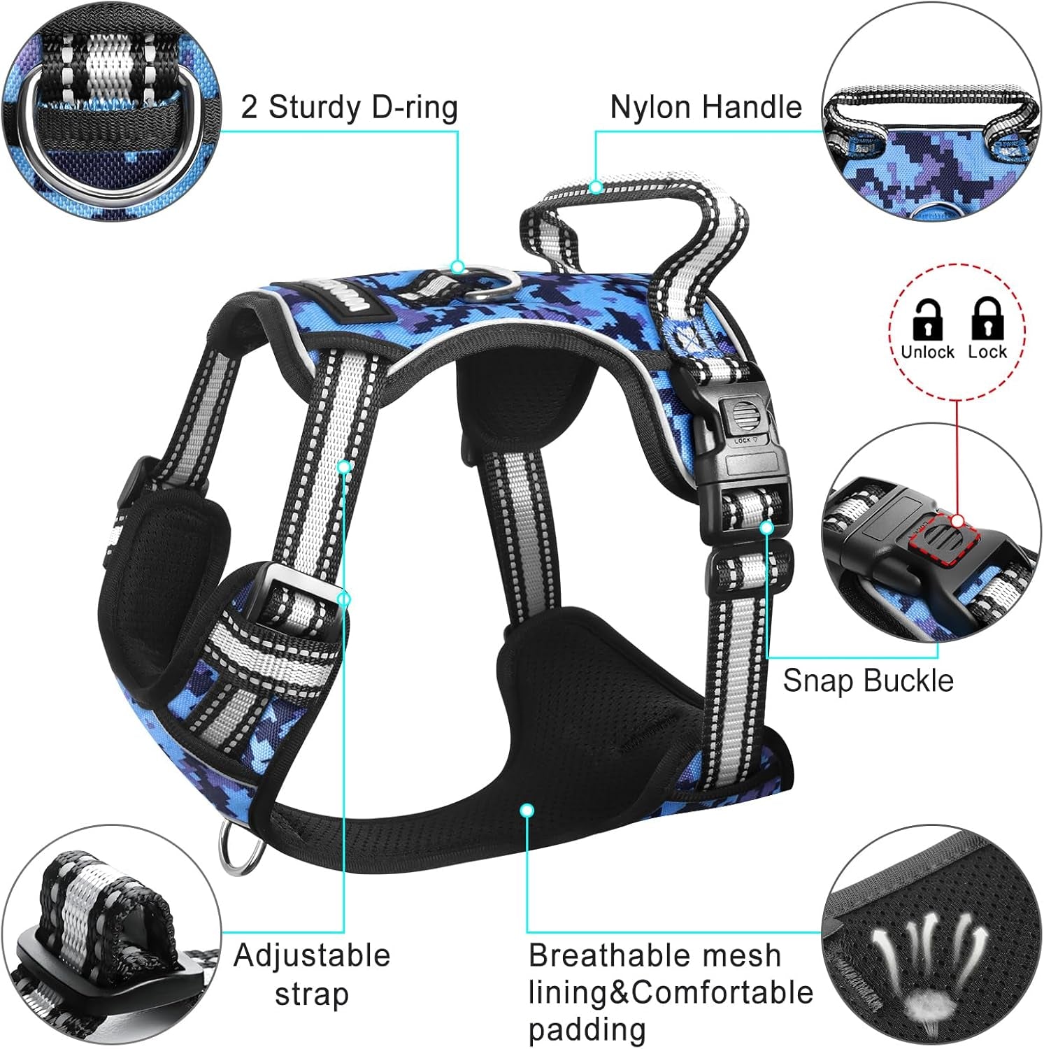 Dog Harness No Pull, Pet Harnesses with Dog Collar, Adjustable Reflective Oxford Outdoor Vest, Front/Back Leash Clips for Small, Medium, Large, Extra Large Dogs, Easy Control Handle for Walking