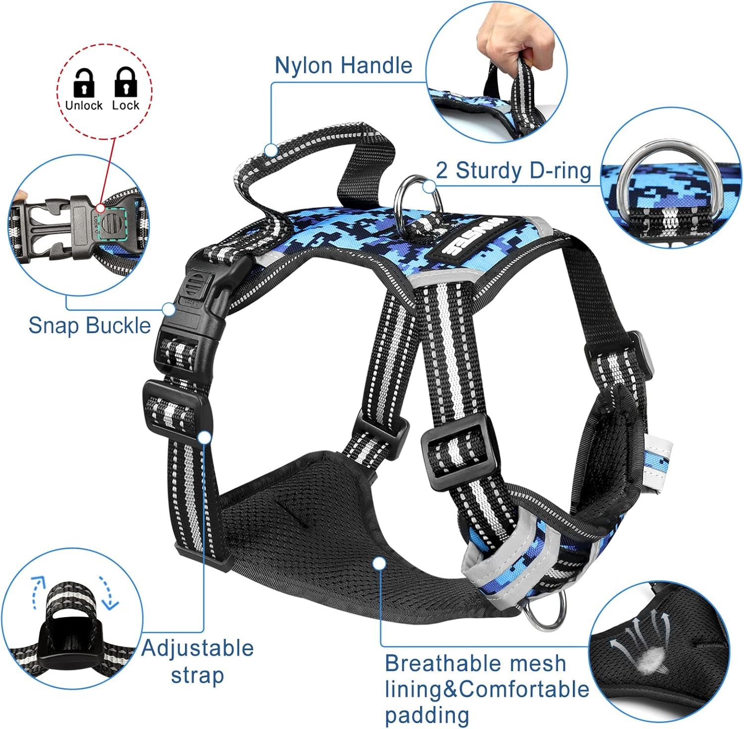 Dog Harness No Pull, Pet Harnesses with Dog Collar, Adjustable Reflective Oxford Outdoor Vest, Front/Back Leash Clips for Small, Medium, Large, Extra Large Dogs, Easy Control Handle for Walking
